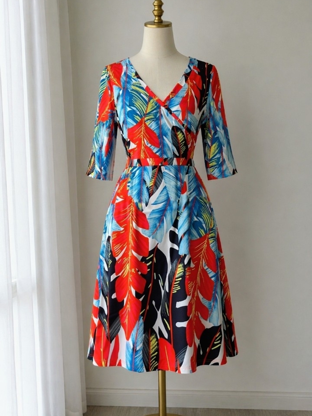 Tropical Print V-Neck Midi Dress in Red & Blue